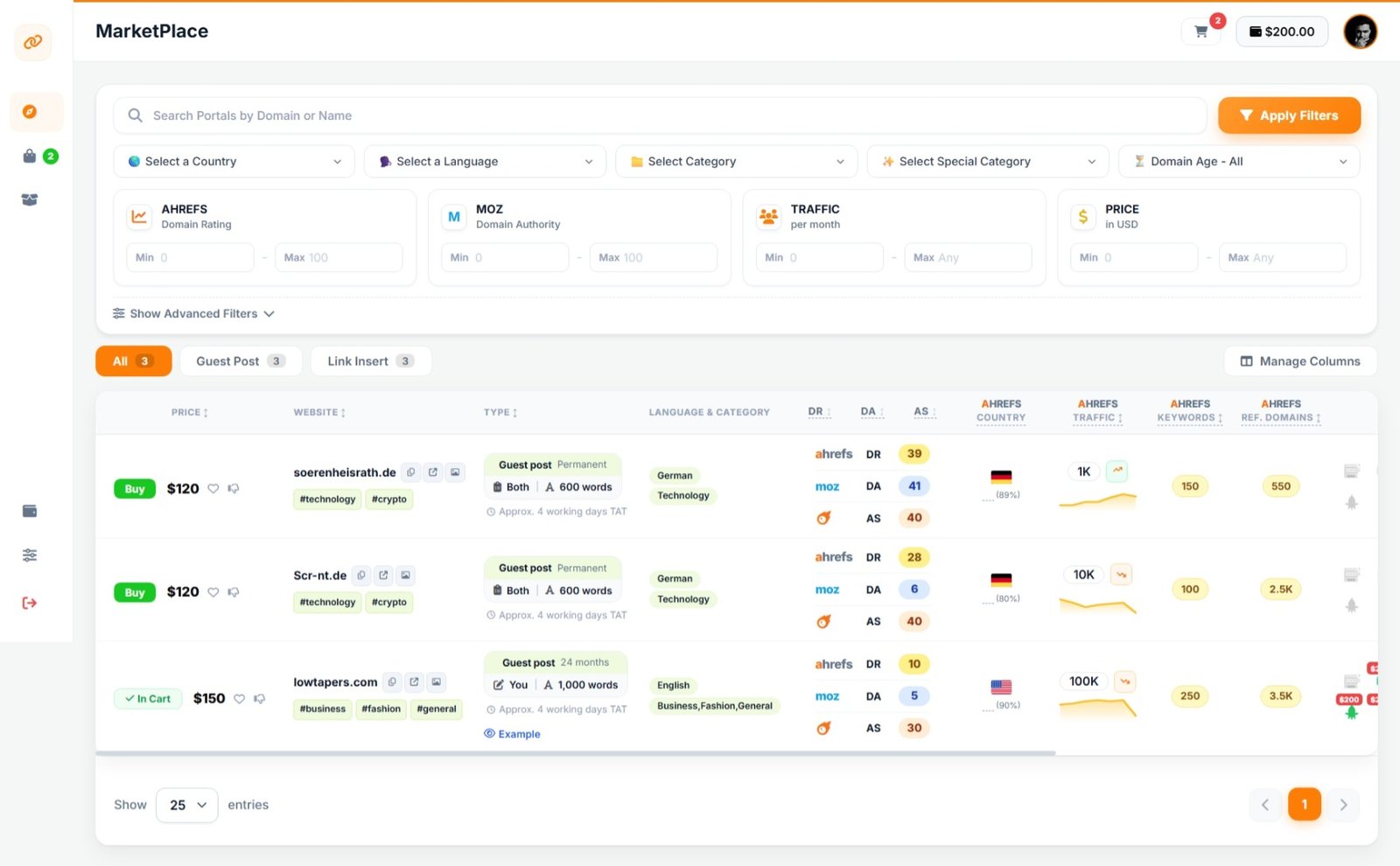 Link Tash dashboard showing active link building campaigns, placements, DR and traffic metrics